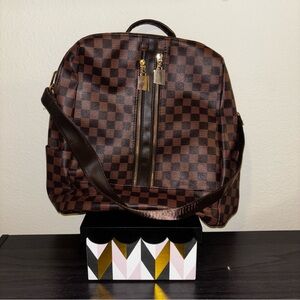Brown Checkered Backpack w/ Wristlet